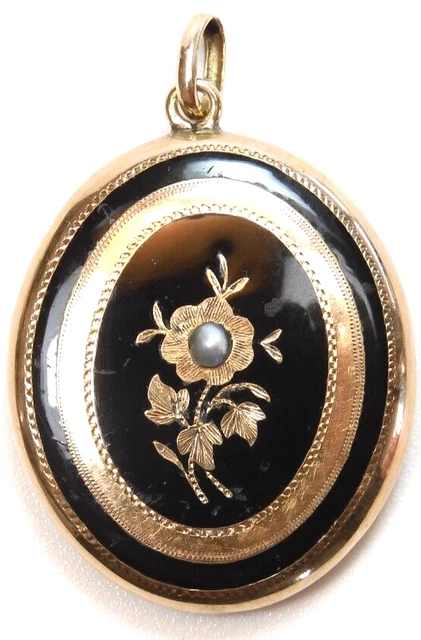 Antique 12K Yellow Gold Pearl Black Enamel Locket 1920's 1.20" x .925" 5 Grams Antique 12K Yellow Gold Pearl Black Enamel Locket 1920's 1.20" x .925" 5 Grams