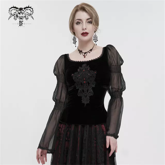 Devil Fashion Women's Black Vintage Slim Shirt Gothic Velvet Long Sleeve Tops