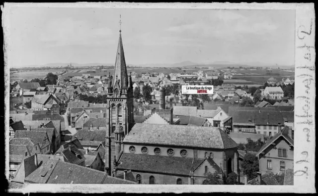 Plaque verre photo ancienne, négatif noir & blanc 9x14 cm, Pfaffenhoffen, église
