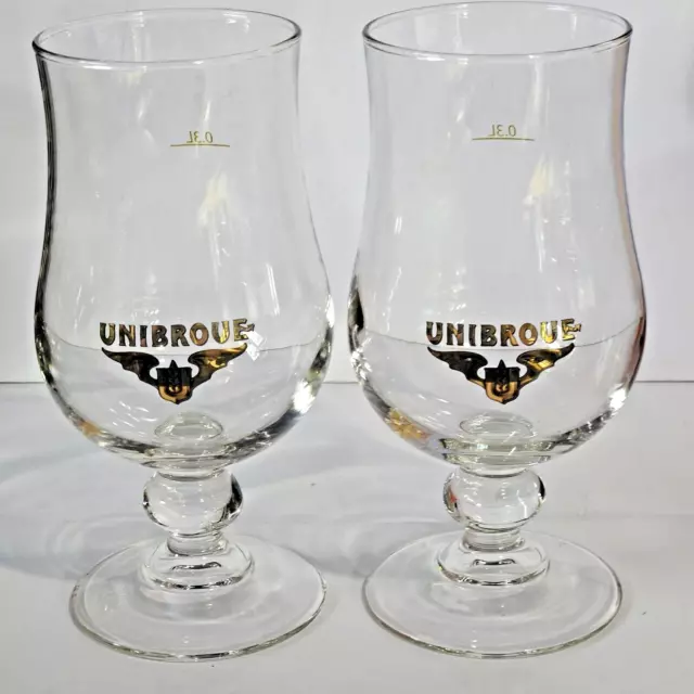 Lot of 2 Unibroue Gold Logo Tulip Chalice .3 Liter Beer Glasses 6 3/4" Tall