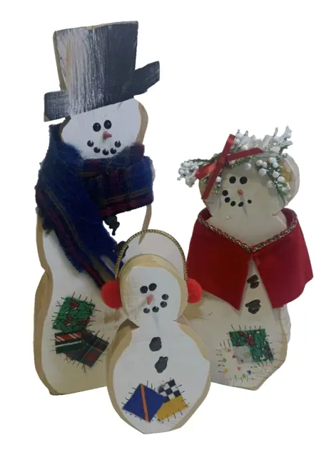 Handcrafted Wooden Snowmen Family Figurines,  Set of 3, Christmas Decor