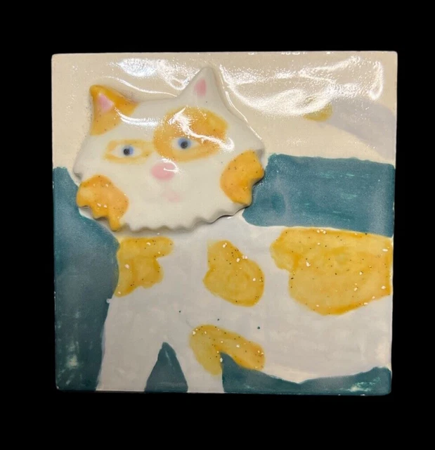 Embossed Hand Painted Cat Tile Made in Gardena California 4x4
