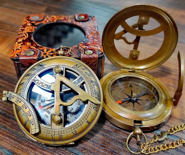 Brújula de reloj de sol de latón con estuche de cuero y cadena - Brújula...