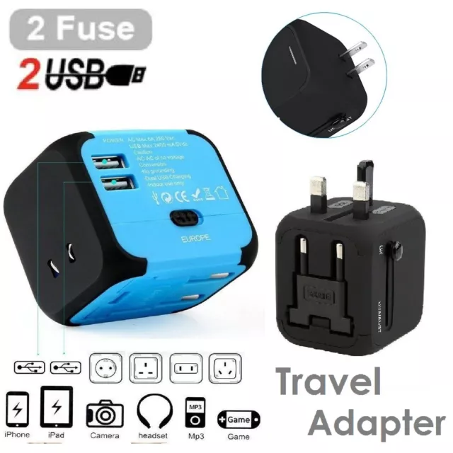 Universal World Travel 2 USB Plug Charger Adapter Power UK US EU AU Europe Asia