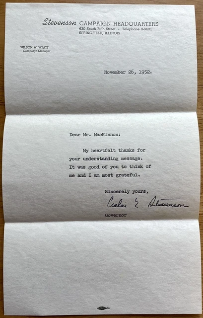 Presidential Candidate and Illinois Governor Adlai Stevenson II Autograph Letter
