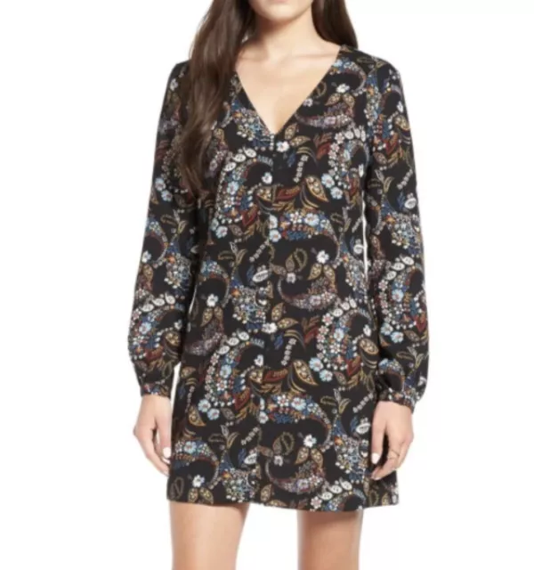 WAYF Women’s Black Floral Malone Plunge Mini Shift Dress Boho Long Sleeve Size L