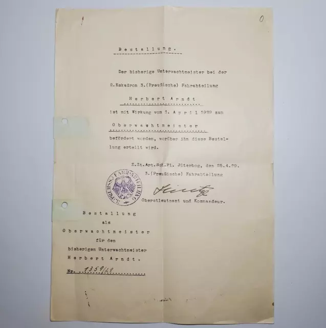 German Original Prussian promotion document sergeant driver signed award papers