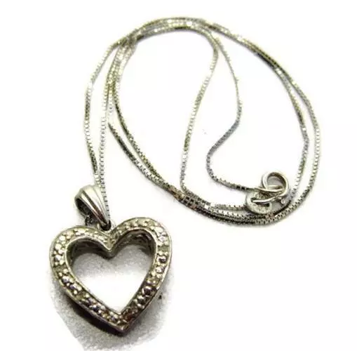 Vtg Necklace 14k White Gold 16" Box Chain 10K Open Heart Pave Diamond Pendant