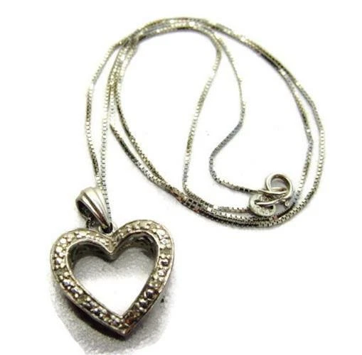Vtg Necklace 14k White Gold 16" Box Chain 10K Open Heart Pave Diamond Pendant