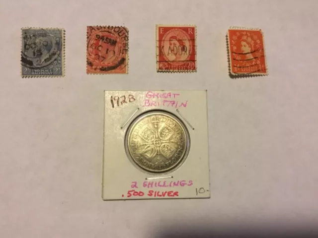 Rare Silver Florin 1928 Great Britain 4 Stamp 1912 King George V 2 1/2P Lot