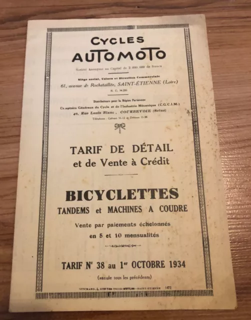 Catalogue Automoto tarif 1934 cycles vélo ancien collection vintage