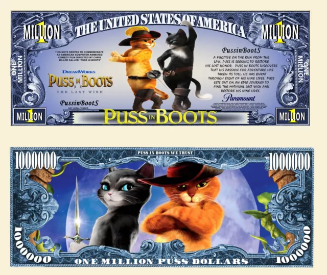PUSS IN BOOTS Million Dollar Bill Play Funny Money Novelty Note + FREE