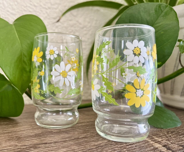 70S LIBBY DAISY Flower Yellow Green Drinking Juice Glasses Tumblers