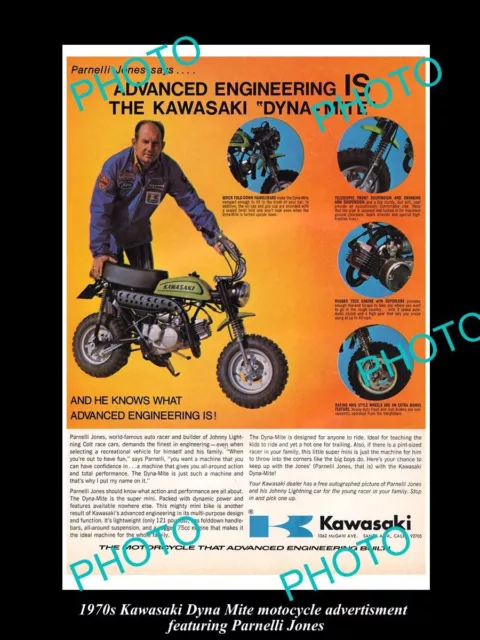 OLD LARGE HISTORIC PHOTO OF 1970s KAWASAKI DYNA MITE MOTORCYCLE ADVERT POSTER