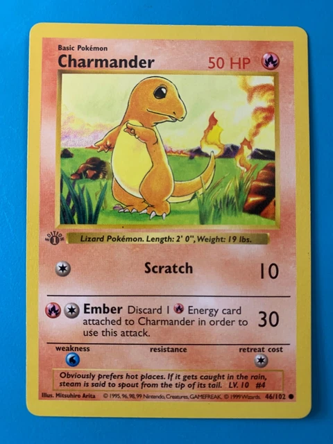 1st Edition Shadowless Charmander 46/102 Base Set Rare Vintage Pokemon Card - NM