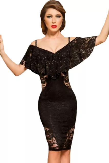 Abito cono aperto nudo ricamato aderente Cerimonia Party Cocktail Lace Dress S