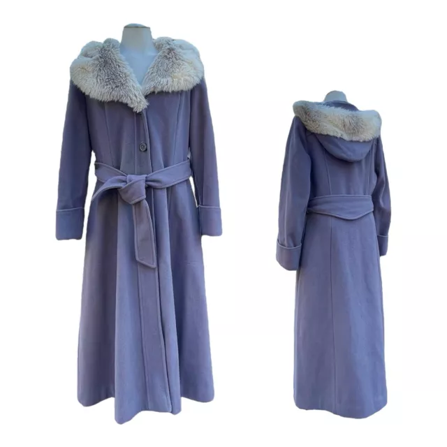 VINTAGE 60S 70S Womens S M Long Wool Pea Coat Belted Hooded Faux Fur ...