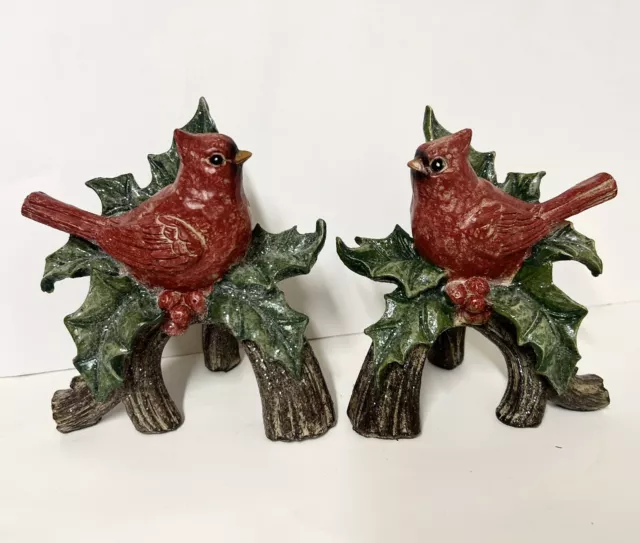 Set of 2 Christmas Glittery Red CARDINALS Birds Statues Figurines Holly Branch
