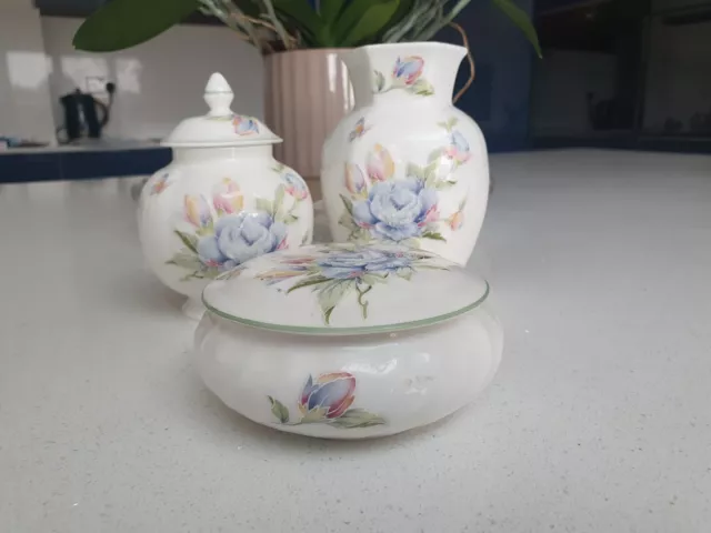 3 x Aynsley Celeste Bone China Pieces. Vase, Lidded Pot & Trinket Box