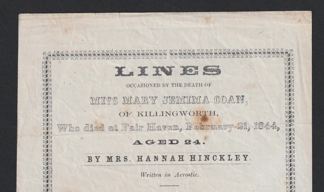 RARE Mourning Death Mary Jemima Coan ACROSTIC Poem 1844 Killingworth CT Flyer