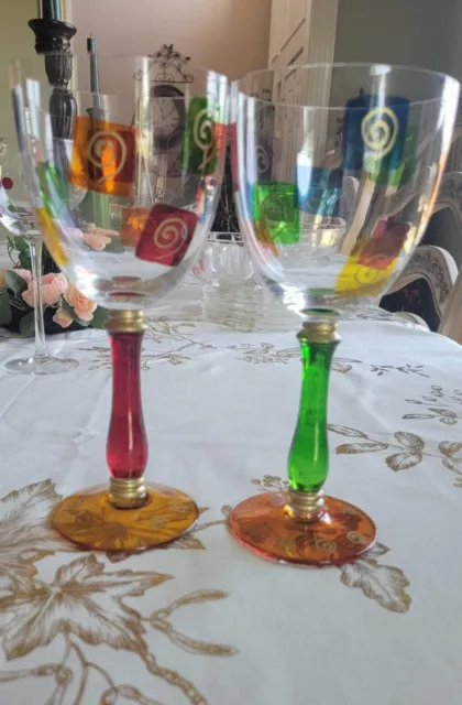 SET 2 vtg ROYAL DANUBE Handpainted Crystal Glass Wine Water Goblets md ROMANIA