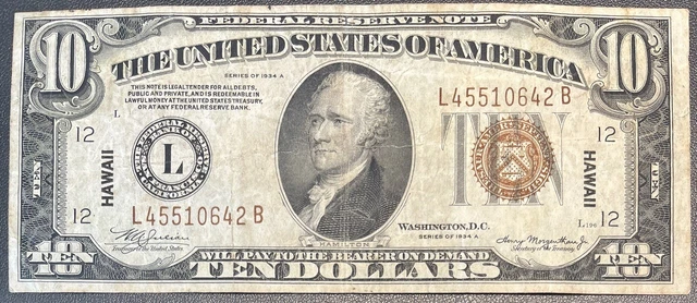 1934 A Ten Dollar Silver Certificate HAWAII Note $10 Bill Circulated #59181