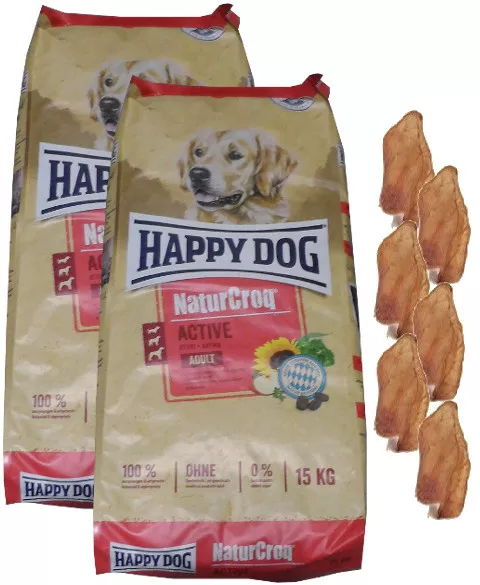 2x15kg Happy Dog  Naturcroq Adult  Active Hundefutter +  6 x Kaninchenohren