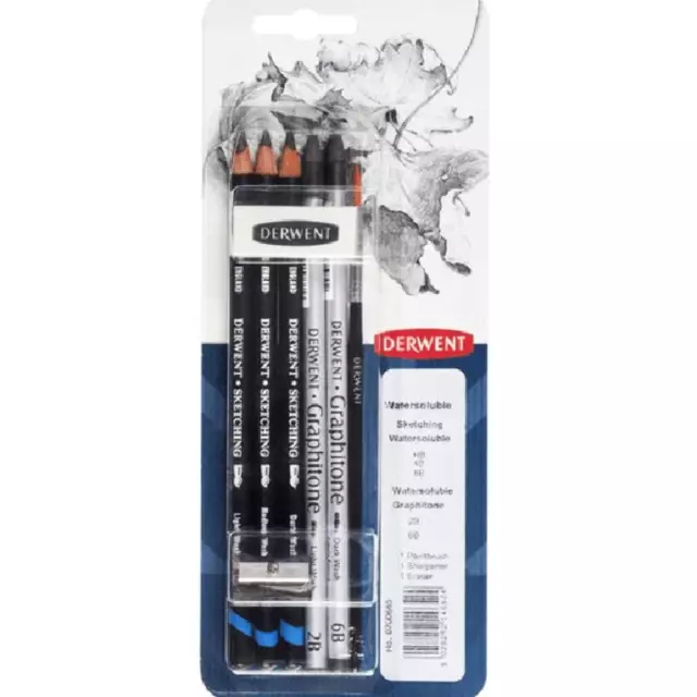 NEW Derwent Watersoluble Sketch Graphitone Pencils Mixed Media Paintbrush Pack 6