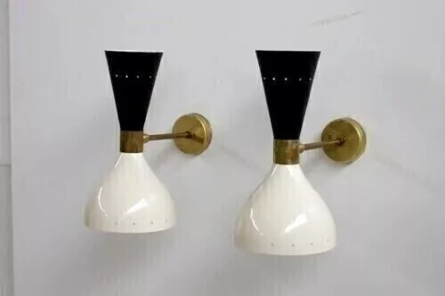 1950's Mid Century Brass Italian Diabolo Wall Sconce Light Fixture 2 Bulb Pair