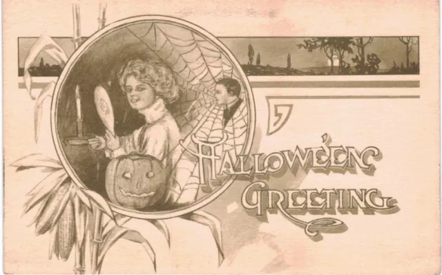 Gibson Halloween Kathryn Elliott Lady Sepia Spider's Web 1910 Unused