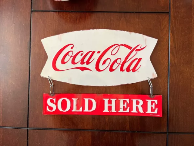 Coca Cola Sold Here Embossed Metal Hanging Sign Decor Coke Soda
