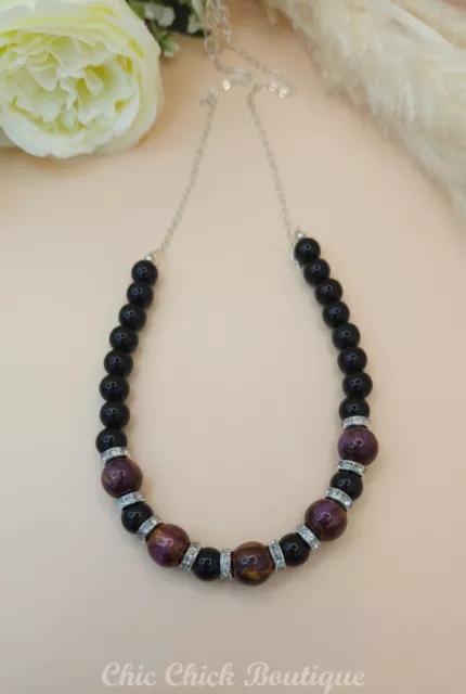 New "Majestic Purple" Handmade Beaded Necklace with Silver-Plated Chain Cat Eye
