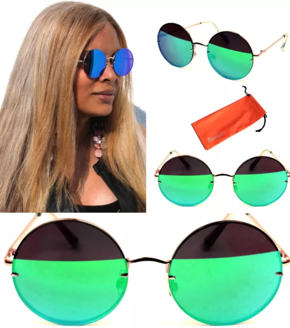 Runde Sonnenbrille Nickelbrille Große Gläser Verspiegelt Oversize Gold Grün B11