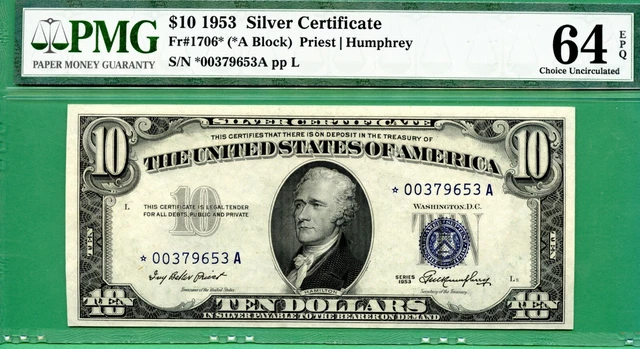 **** RARE STAR **** 1953 $10 SC **** PMG CU 64 with EPQ **** Fr 1706*