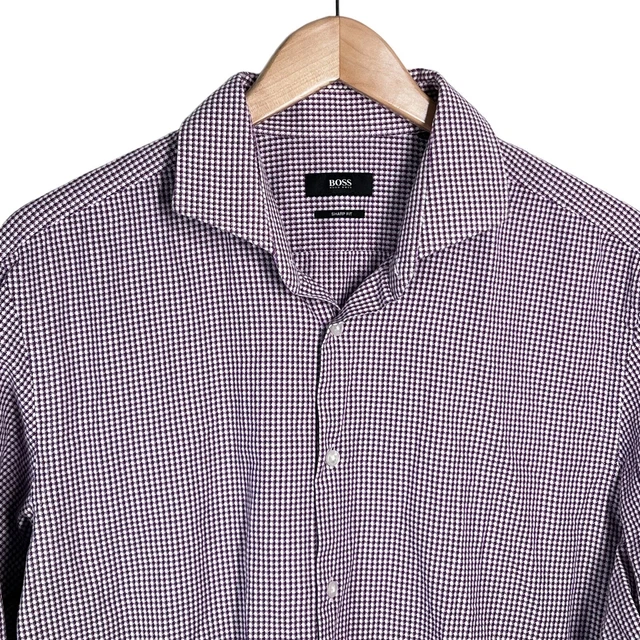 Hugo Boss Sharp Fit Tessitura Monti Men 17.5/34/35 Purple/White Long Sleeve