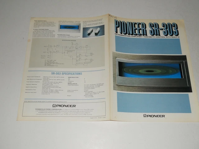 Pioneer SR-303 Reverb Brochure 4 pg, '79 Original, Specs, Articles, Info RARE