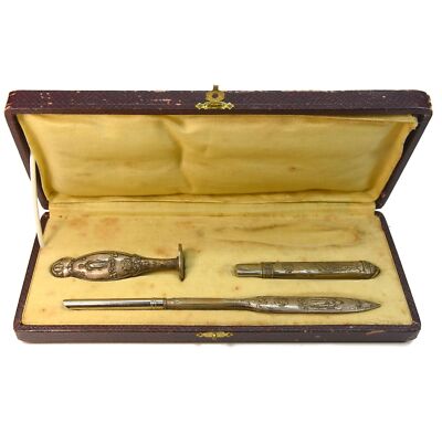 Boite de sceau 3 pièces à cacheter ancien aux fleurs de lys XIXème 