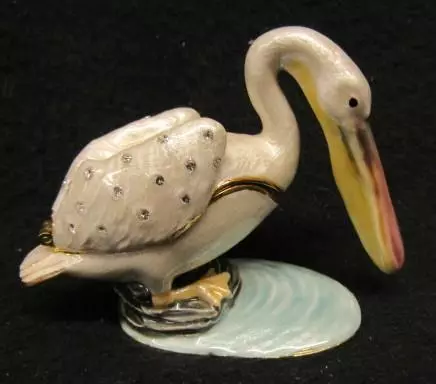 Cute Jeweled PELICAN Trinket Box Enamel on Metal Hinged Magnetic Closure