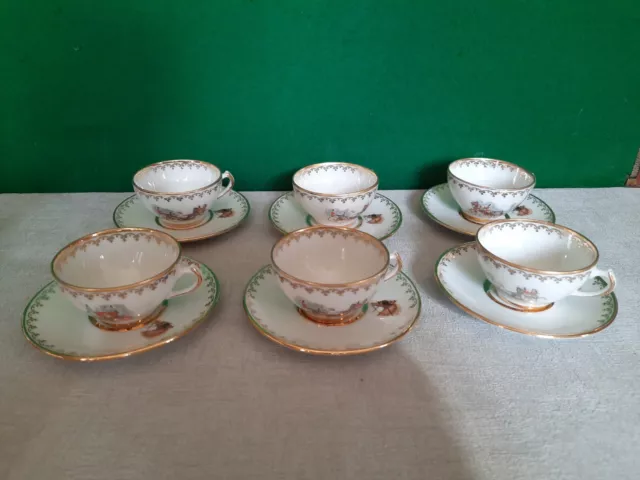 6 anciennes Tasses à café en porcelaine de Mehun décor chevaux émaux de Limoges