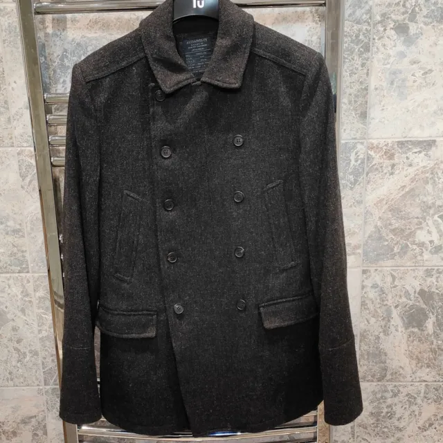 Men's AllSaints Pea Coat, Double Breasted, Size 36, Small, Charcoal Grey, Used