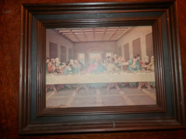 THE LAST SUPPER Vintage Wooden Framed Picture Jesus & Disciples 16”x13”x2"