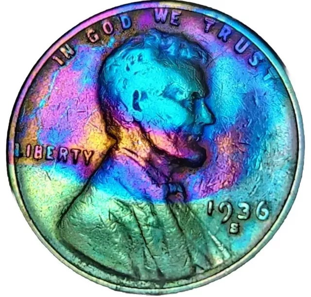 1936 S Lincoln Wheat Cent Penny Rainbow Toned Low Mintage Unc Bu US Coin Abe 1936 S Lincoln Wheat Cent Penny Rainbow Toned Low Mintage Unc Bu US Coin Abe