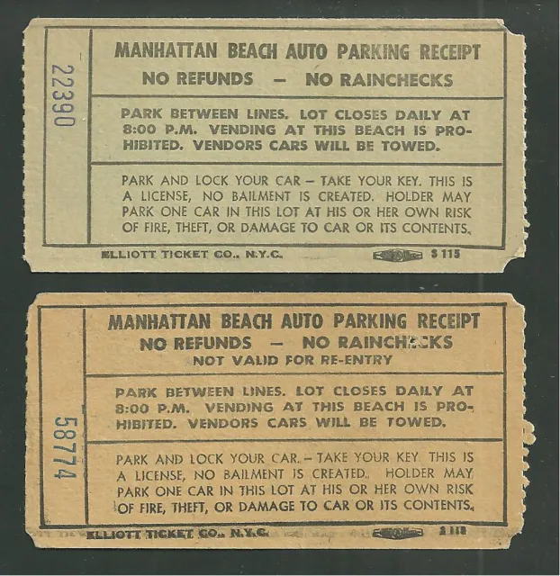 2 Manhattan Beach Brooklyn Auto Parking Tickets Receipts Elliott Ticket Co NYC