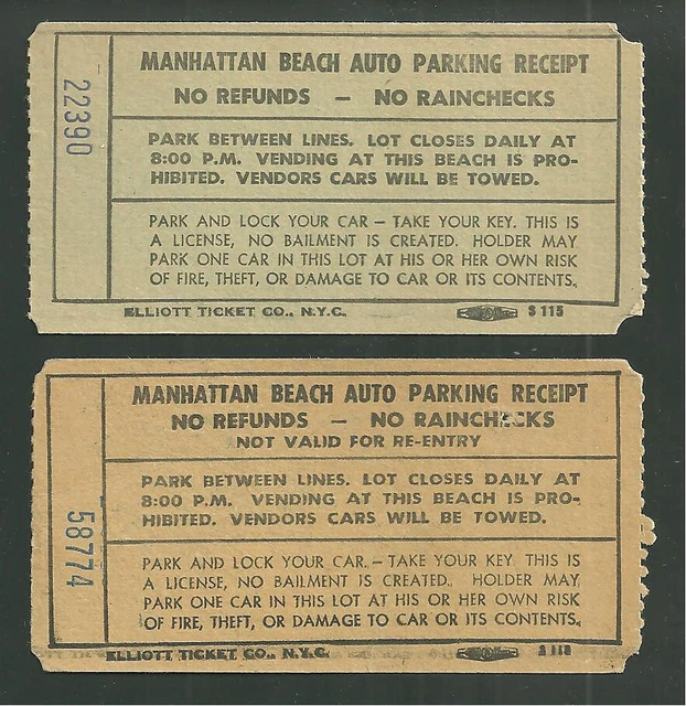 2 Manhattan Beach Brooklyn Auto Parking Tickets Receipts Elliott Ticket Co NYC