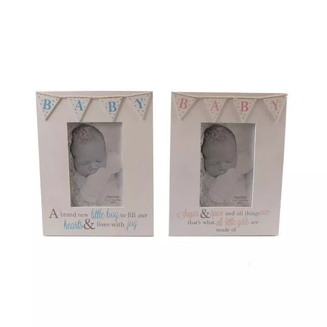 4 x 6 Baby Photo Frame Pink Or Blue Bunting Boy Or Girl Freestanding Christening