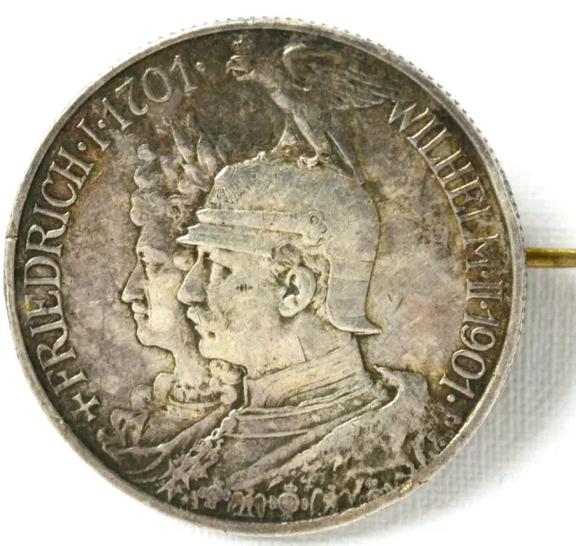 Brosche Münzbrosche 2 Mark Kaiserreich Wilhelm II. 1901 Silbermünze 900 Silber