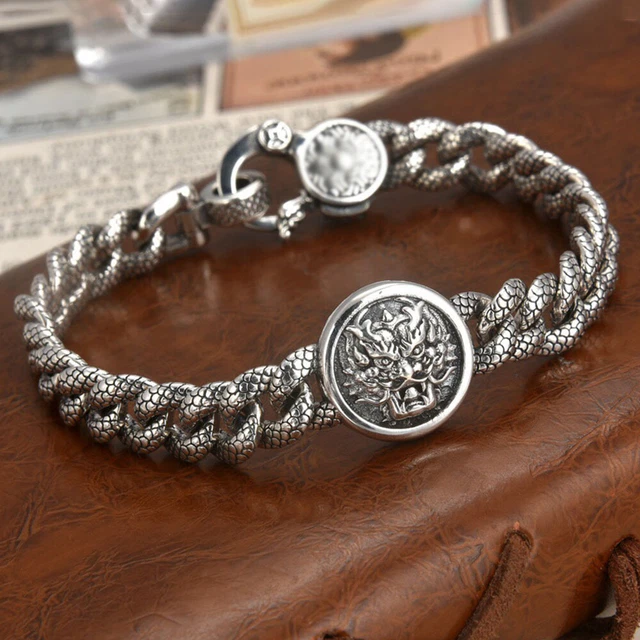 Sterling Silver Men Bracelet Round Dragon with Curb Chain Link Bracelet 7.87"L