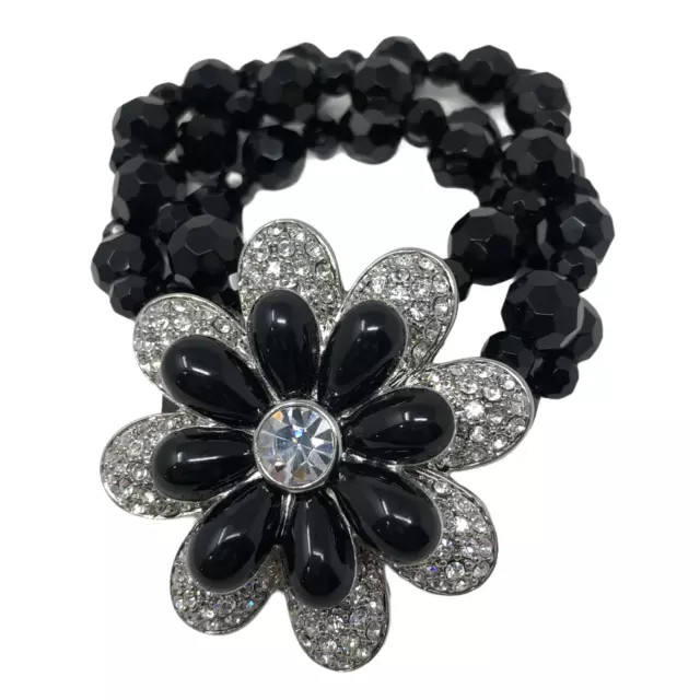 Lia Sophia Bracelet Black Beaded Stretch Clear Silver Tone Crystal Flower