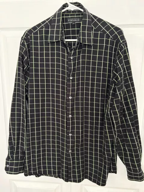 Vintage Perry Ellis Portfolio Shirt Black Plaid Button Down Collared Men's Large