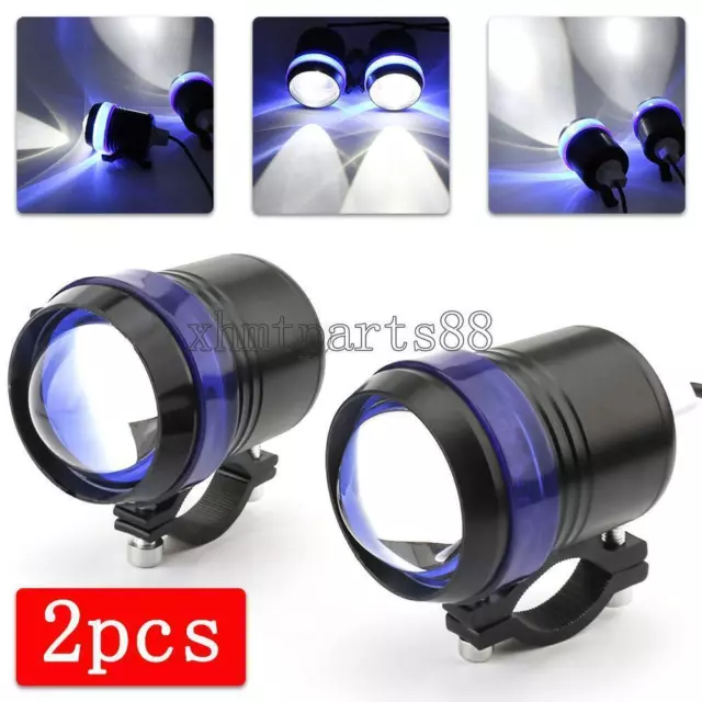 2x Motorcycle LED Headlight Blue Angel Eye Driving Fog Light Spot Lamp w/ Switch